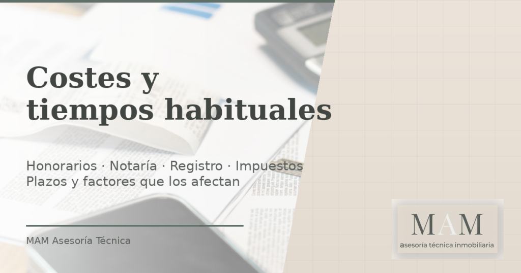 Imagen para la sección “Costes y tiempos habituales” con elementos relacionados con presupuesto y planificación, con texto explicativo y logo de MAM Asesoría Técnica.